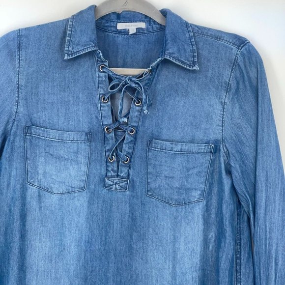 Maurices Lace Up Chambray Shirt Dress Womens XS Pockets Lightweight Roll Sleeve - Picture 4 of 9